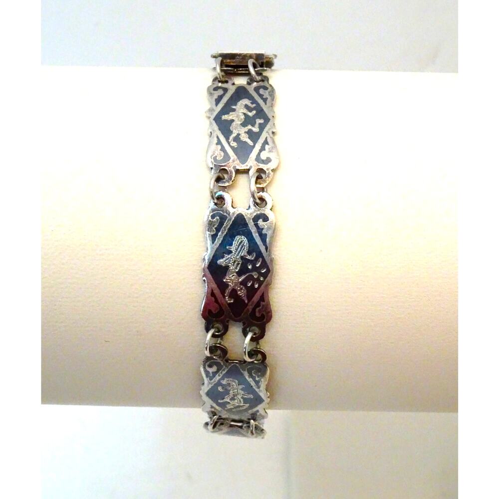 Vintage Siam Sterling Silver Niello Thai Dancer Panel Link Bracelet